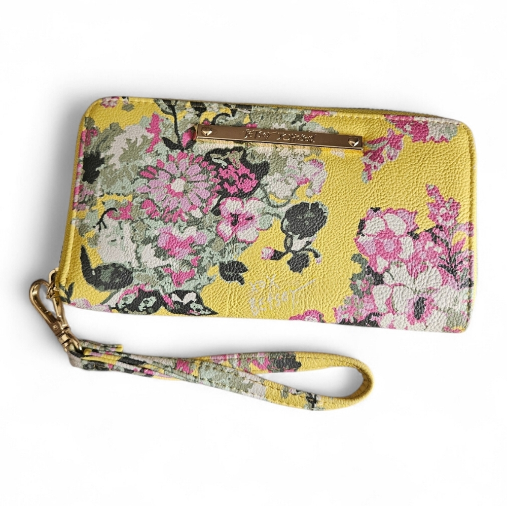 Betsey Johnson Yellow Floral Rose Wristlet Wallet Gold